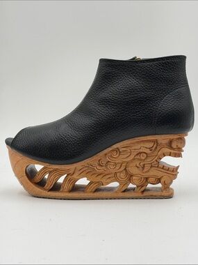 Hand Carved Wooden Dragon Wedge Heel Boot “Breath” Ankle Bootie